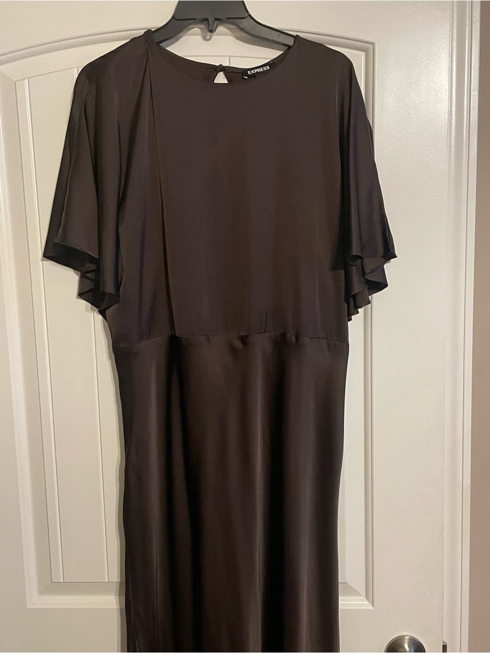 Express Black Satin Midi Dress with Flutter Sleeves